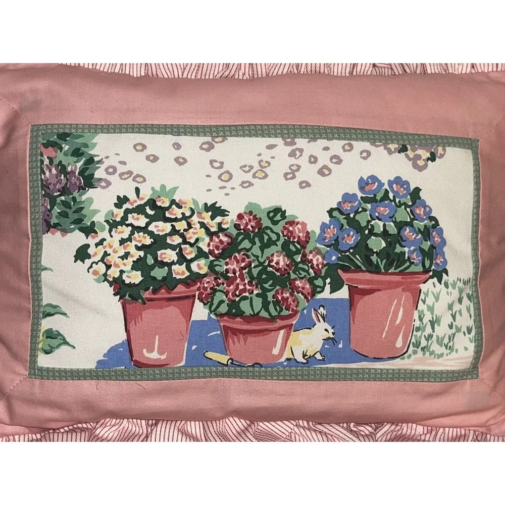 Vintage Ruffled Trim Cottage Core Accent Pillow Flower Pots Rabbit